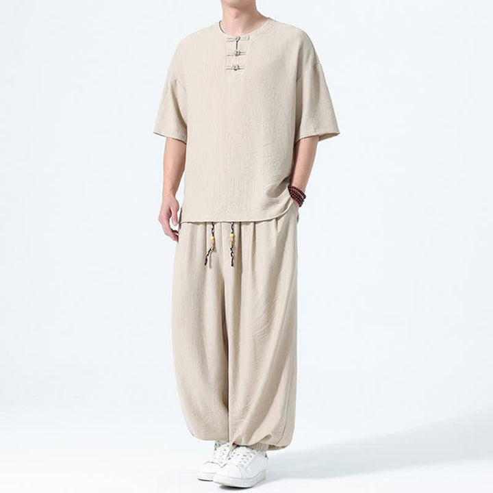 Buddha Stones Conjunto de 2 piezas: Camisa de manga corta lisa con botones de rana estilo Tang para verano, pantalones harem para hombre, ropa de meditación con bolsillos. - image 24