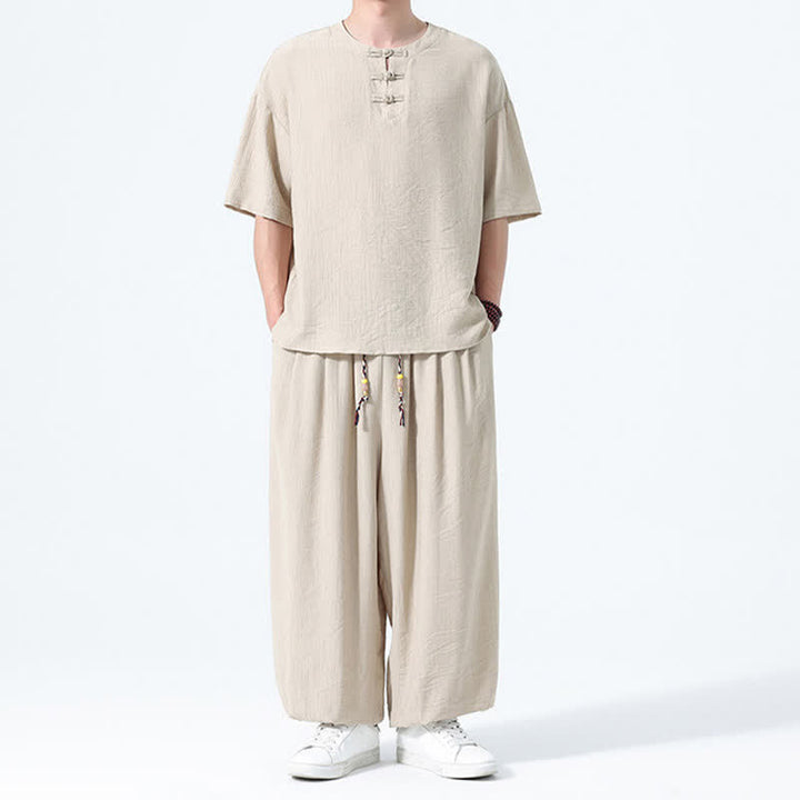 Buddha Stones Conjunto de 2 piezas: Camisa de manga corta lisa con botones de rana estilo Tang para verano, pantalones harem para hombre, ropa de meditación con bolsillos. - image 25