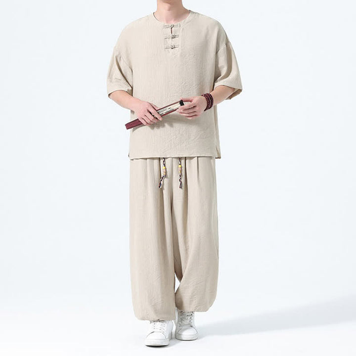 Buddha Stones Conjunto de 2 piezas: Camisa de manga corta lisa con botones de rana estilo Tang para verano, pantalones harem para hombre, ropa de meditación con bolsillos. - image 26