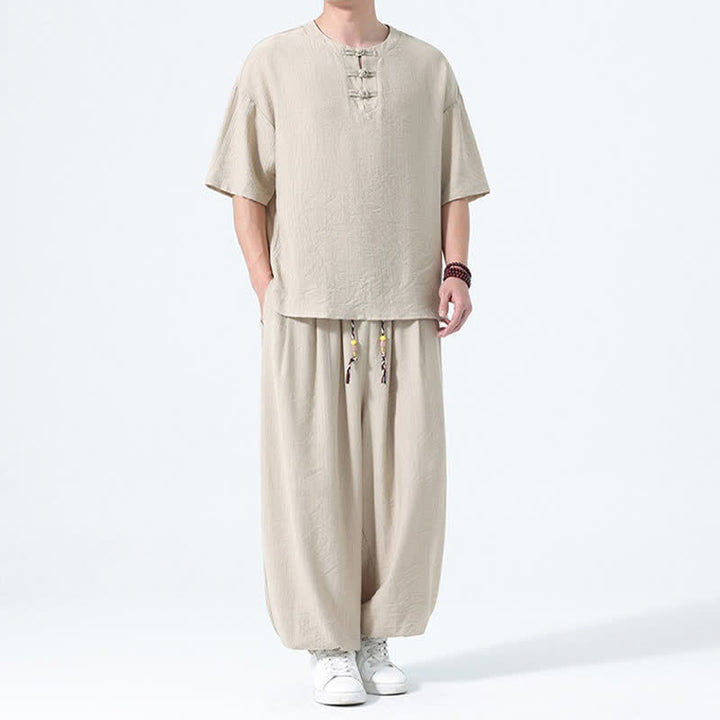 Buddha Stones Conjunto de 2 piezas: Camisa de manga corta lisa con botones de rana estilo Tang para verano, pantalones harem para hombre, ropa de meditación con bolsillos. - image 21
