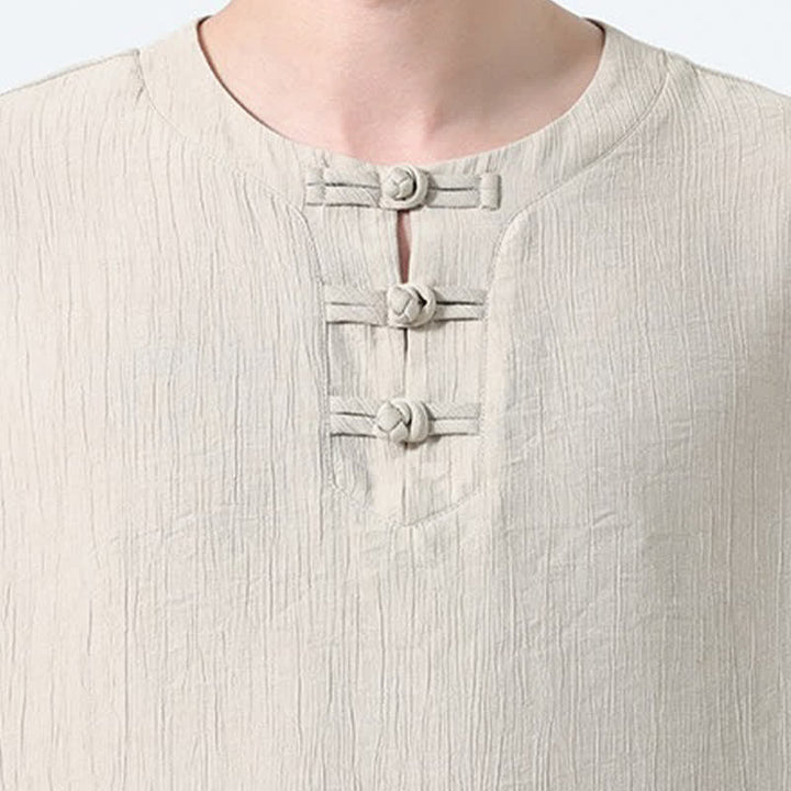 Buddha Stones Conjunto de 2 piezas: Camisa de manga corta lisa con botones de rana estilo Tang para verano, pantalones harem para hombre, ropa de meditación con bolsillos. - image 27