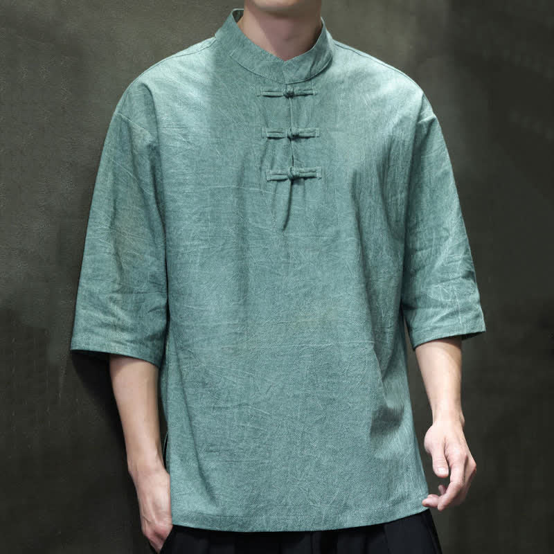 Buddha Stones Camisas de manga corta para hombre de estilo Summer Tang con tres botones de rana. - Azul cadete - US/UK/AU46, EU56 (5XL) - image 0