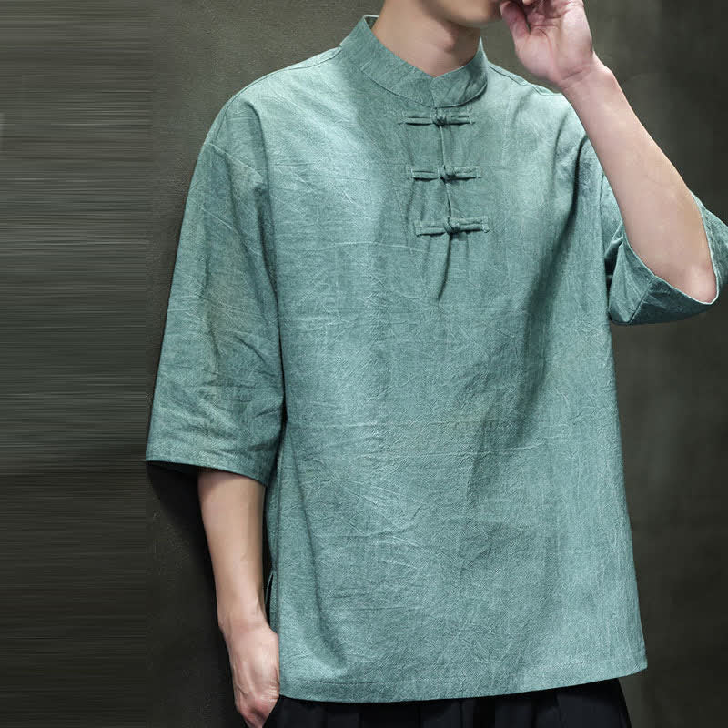 Buddha Stones Camisas de manga corta para hombre de estilo Summer Tang con tres botones de rana. - image 4