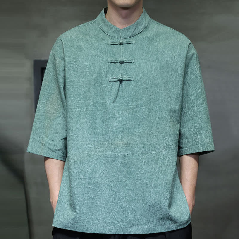 Buddha Stones Camisas de manga corta para hombre de estilo Summer Tang con tres botones de rana. - image 1