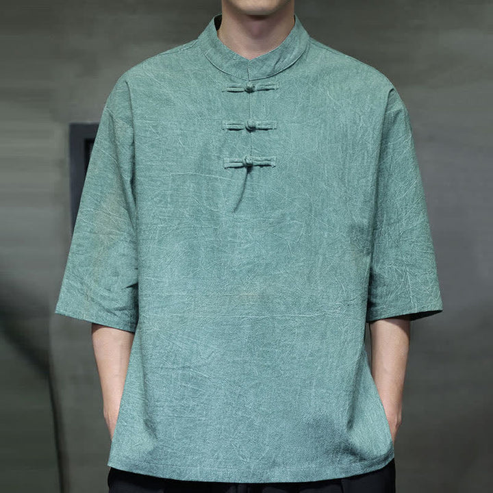 Buddha Stones Camisas de manga corta para hombre de estilo Summer Tang con tres botones de rana. - image 1