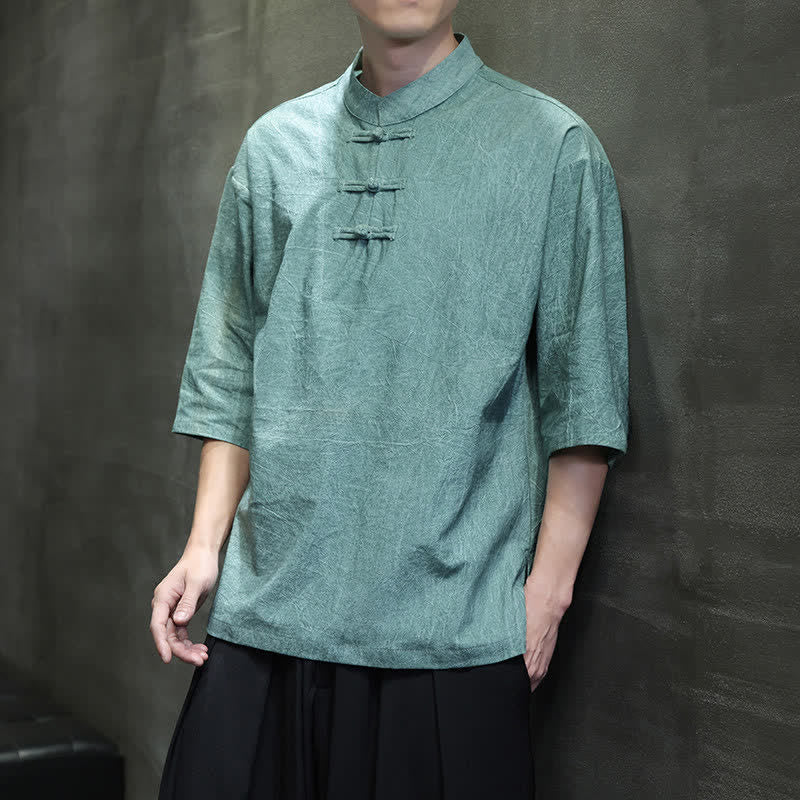 Buddha Stones Camisas de manga corta para hombre de estilo Summer Tang con tres botones de rana. - image 6