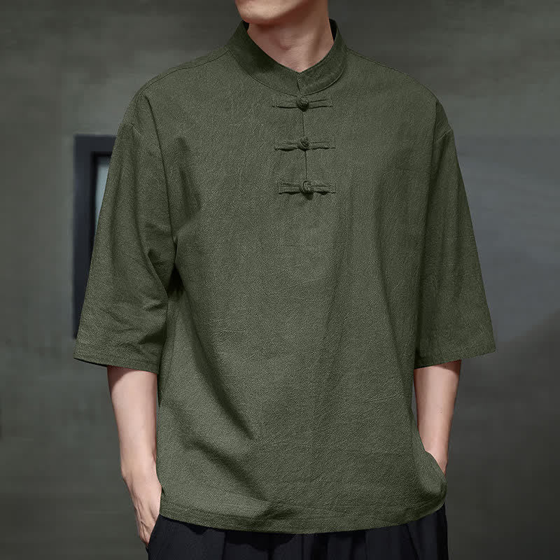 Buddha Stones Camisas de manga corta para hombre de estilo Summer Tang con tres botones de rana. - image 18
