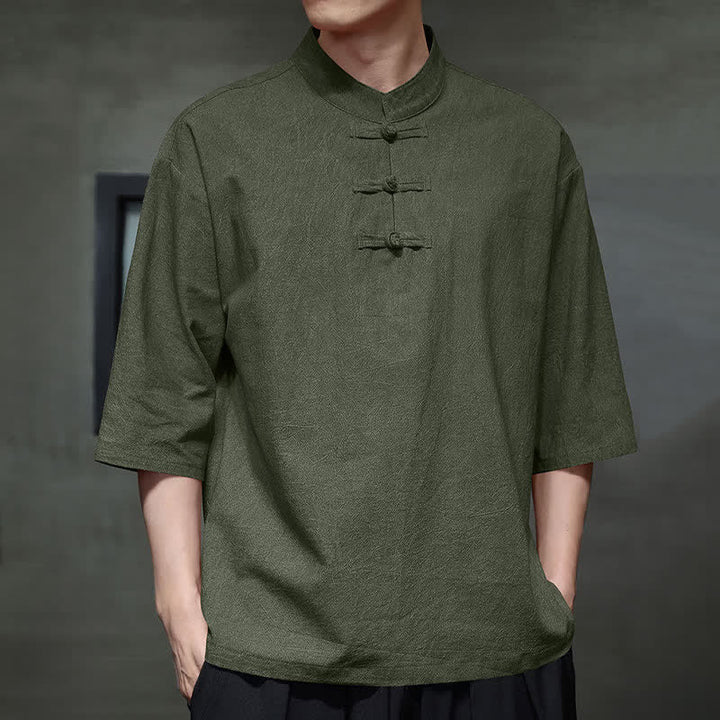 Buddha Stones Camisas de manga corta para hombre de estilo Summer Tang con tres botones de rana. - image 18
