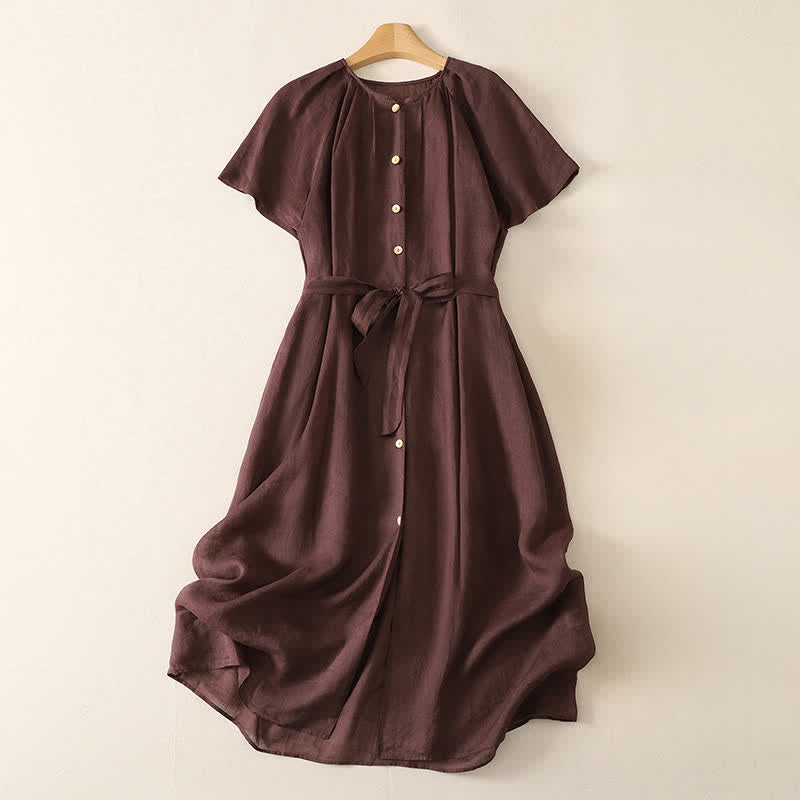 Buddha Stones Vestido midi de manga corta para mujer, de estilo vintage veraniego, con botones y bolsillos. - Granate - US14，UK/AU18，EU46 (2XL) - image 0