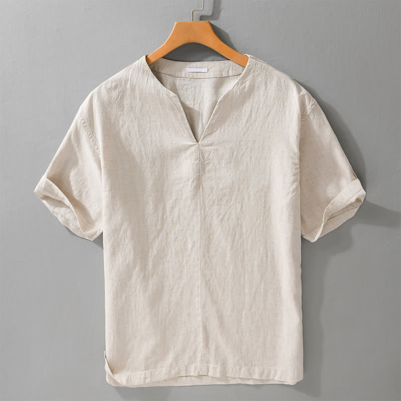 Buddha Stones Camisetas de manga corta para hombre, estilo minimalista de verano, con cuello en V y color liso. - Lino - US/UK/AU42, EU52 (3XL) - image 0