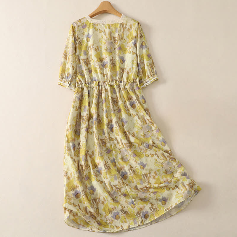 Buddha Stones Vestido midi de manga corta para mujer, estilo vintage, con cordón ajustable y estampado floral amarillo, ideal para primavera y verano. - image 1