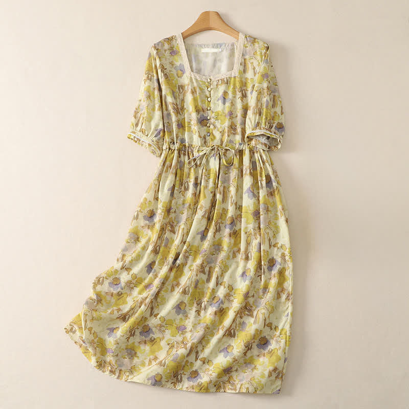 Buddha Stones Vestido midi de manga corta para mujer, estilo vintage, con cordón ajustable y estampado floral amarillo, ideal para primavera y verano. - vara de oro pálida - US14，UK/AU18，EU46 (2XL) - image 0