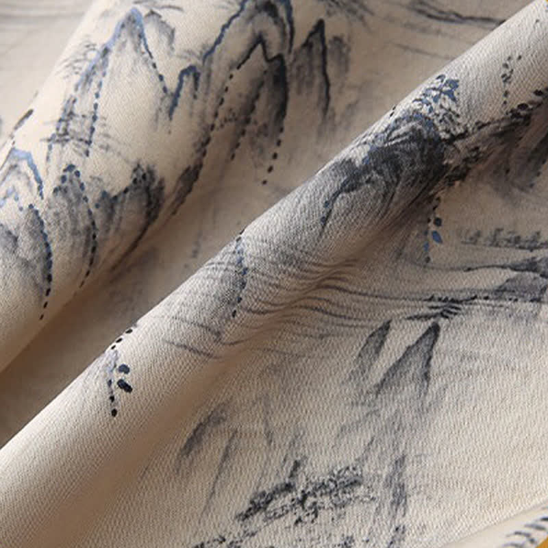 Buddha Stones Conjunto de 2 piezas: Camisa de manga corta estilo Tang informal con estampado de paisaje de montañas y pantalones rectos, ropa de meditación para hombre con bolsillos. - image 8