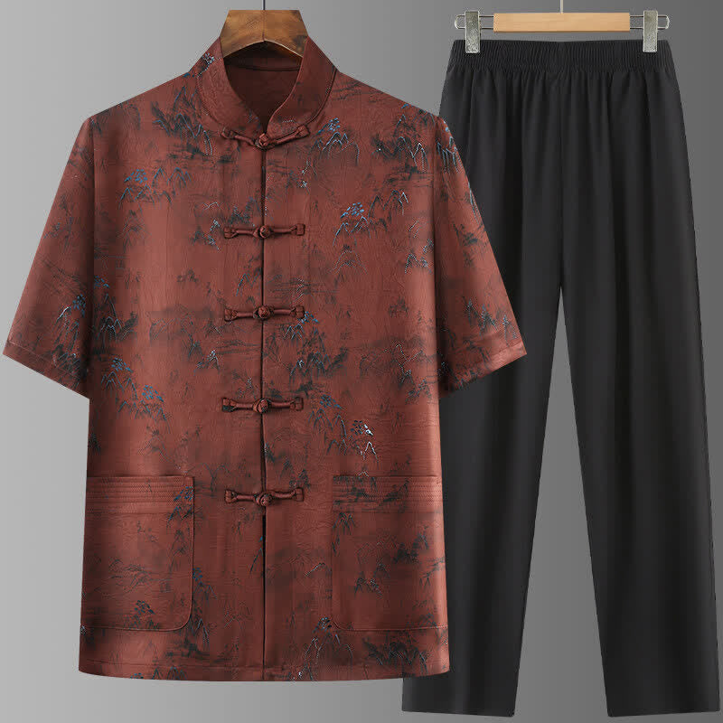 Buddha Stones Conjunto de 2 piezas: Camisa de manga corta estilo Tang informal con estampado de paisaje de montañas y pantalones rectos, ropa de meditación para hombre con bolsillos. - Tierra de siena - US/UK/AU42, EU52 (3XL) - image 13