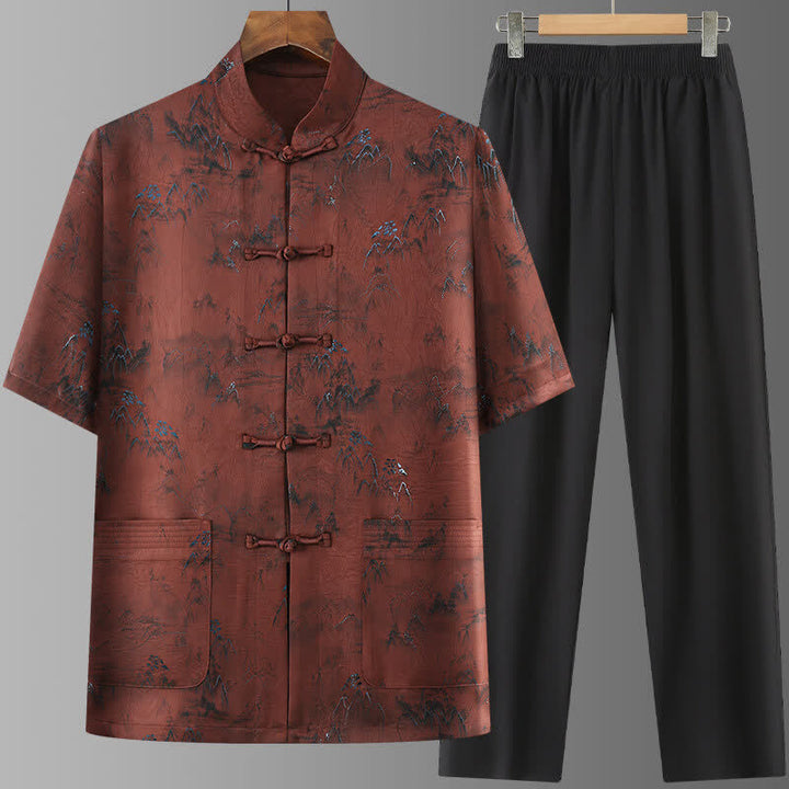 Buddha Stones Conjunto de 2 piezas: Camisa de manga corta estilo Tang informal con estampado de paisaje de montañas y pantalones rectos, ropa de meditación para hombre con bolsillos. - Tierra de siena - US/UK/AU42, EU52 (3XL) - image 13
