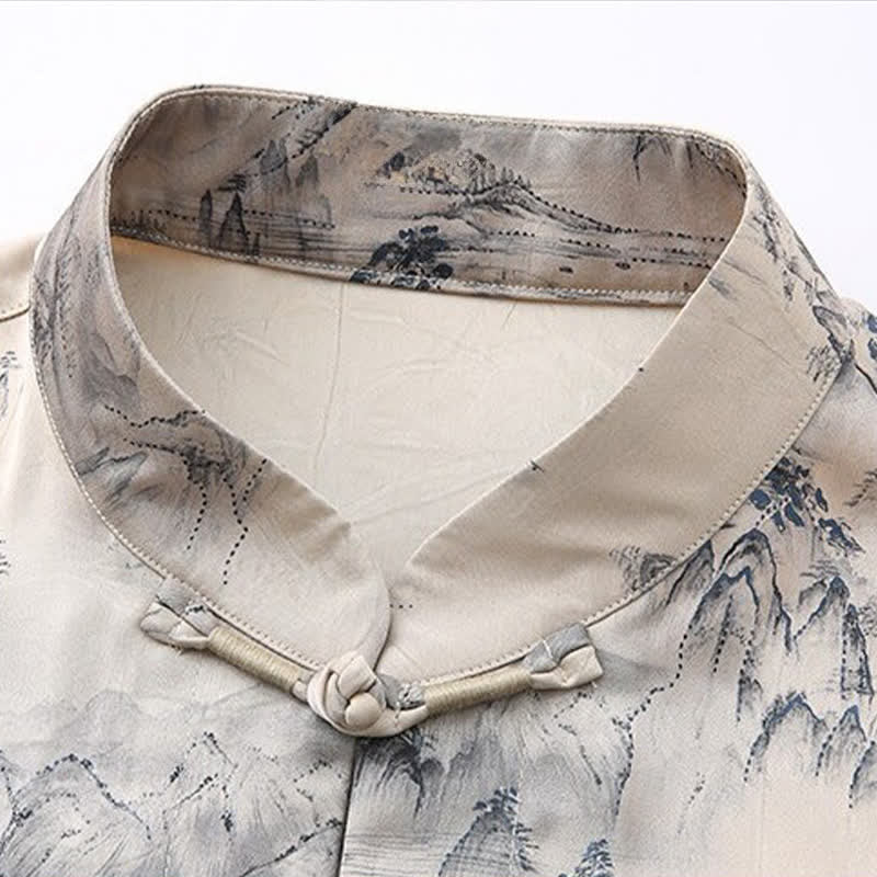 Buddha Stones Conjunto de 2 piezas: Camisa de manga corta estilo Tang informal con estampado de paisaje de montañas y pantalones rectos, ropa de meditación para hombre con bolsillos. - image 3