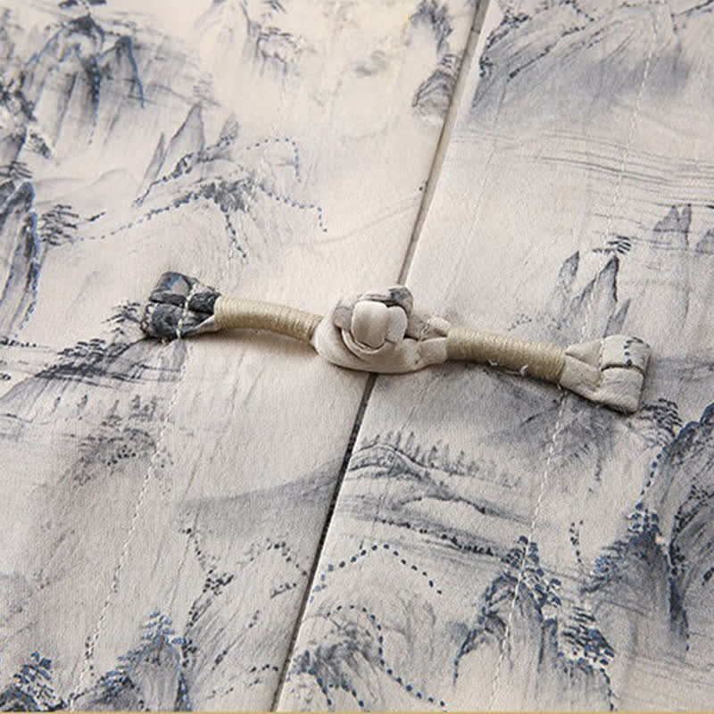Buddha Stones Conjunto de 2 piezas: Camisa de manga corta estilo Tang informal con estampado de paisaje de montañas y pantalones rectos, ropa de meditación para hombre con bolsillos. - image 4