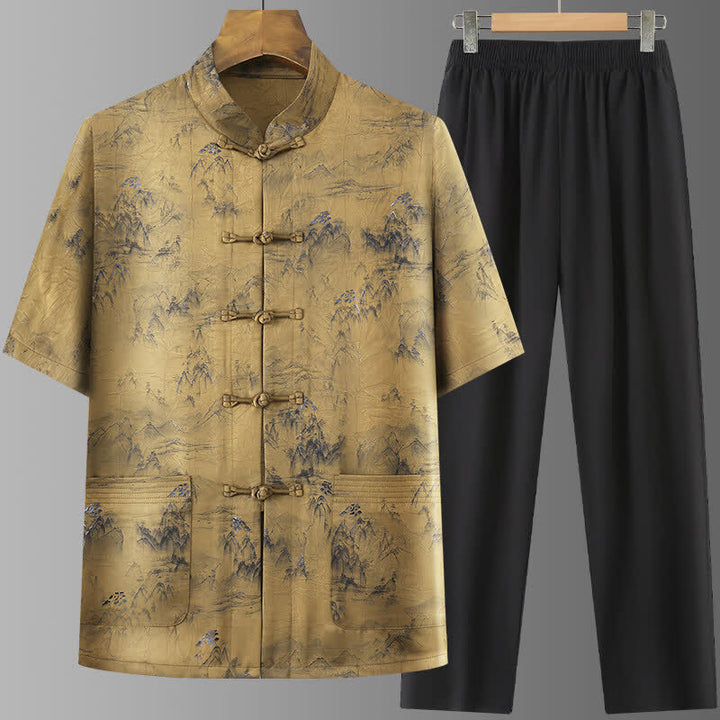 Buddha Stones Conjunto de 2 piezas: Camisa de manga corta estilo Tang informal con estampado de paisaje de montañas y pantalones rectos, ropa de meditación para hombre con bolsillos. - vara de oro - US/UK/AU42, EU52 (3XL) - image 12