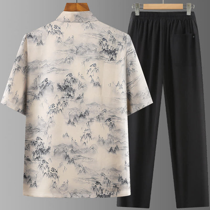Buddha Stones Conjunto de 2 piezas: Camisa de manga corta estilo Tang informal con estampado de paisaje de montañas y pantalones rectos, ropa de meditación para hombre con bolsillos. - image 1