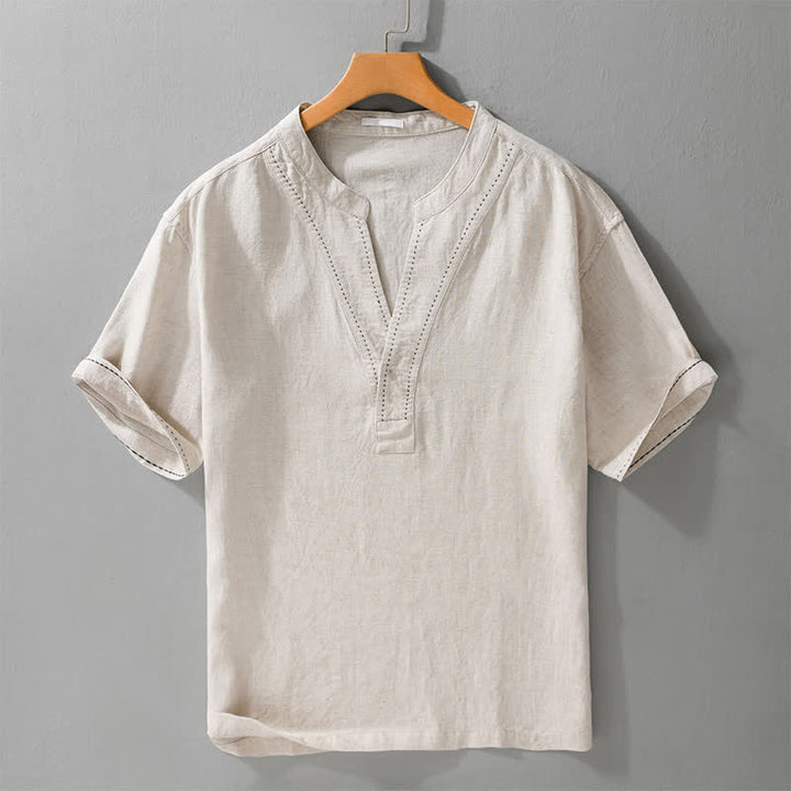 Buddha Stones Camisetas de manga corta para hombre, estilo casual de verano, con cuello en V y color liso. - Lino - US/UK/AU44，EU54 (3XL) - image 0