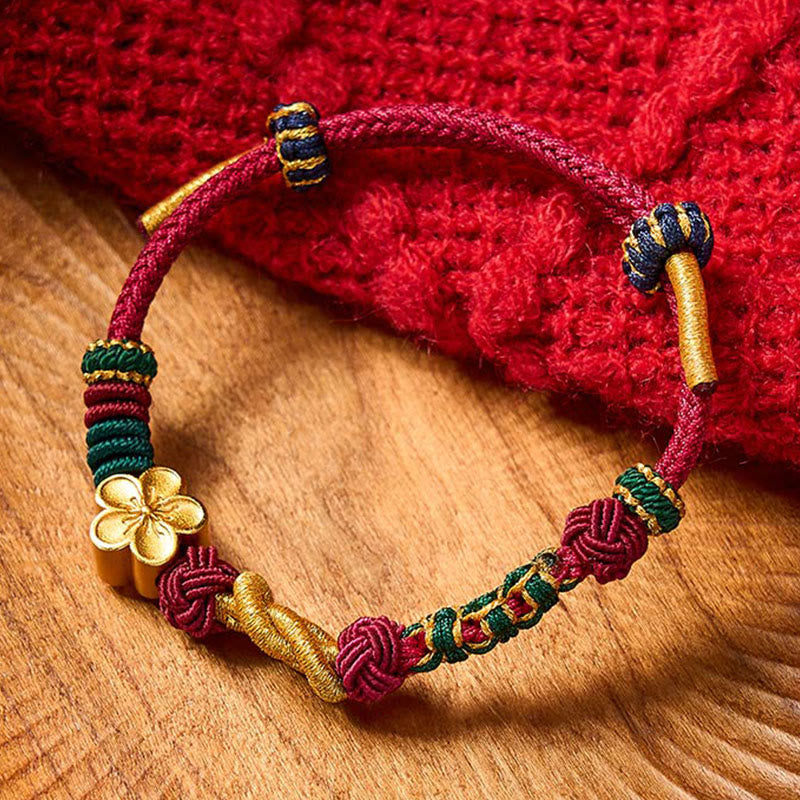 Buddha Stones Pulsera de pareja con cordón multicolor tejido a mano y nudo chino con diseño de flor de durazno para la buena suerte. - Rojo vino (circunferencia de la muñeca: 15-18 cm) - image 0