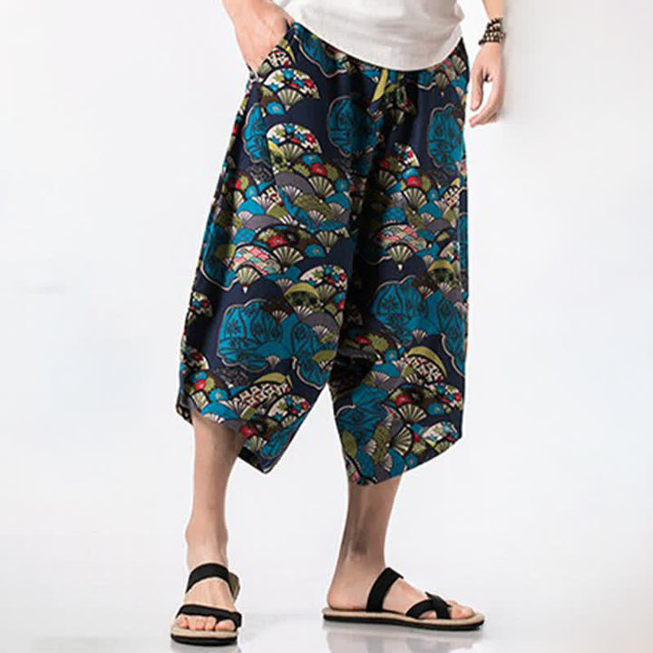 Buddha Stones Pantalones capri de lino y algodón con estampado floral y cordón ajustable, estilo bohemio veraniego para hombre. - image 2
