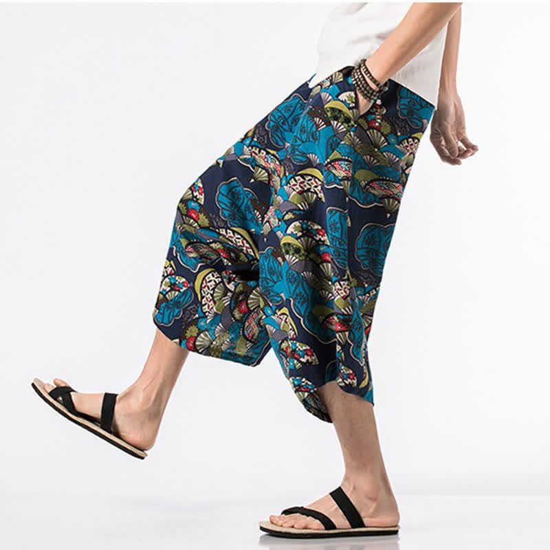 Buddha Stones Pantalones capri de lino y algodón con estampado floral y cordón ajustable, estilo bohemio veraniego para hombre. - image 4