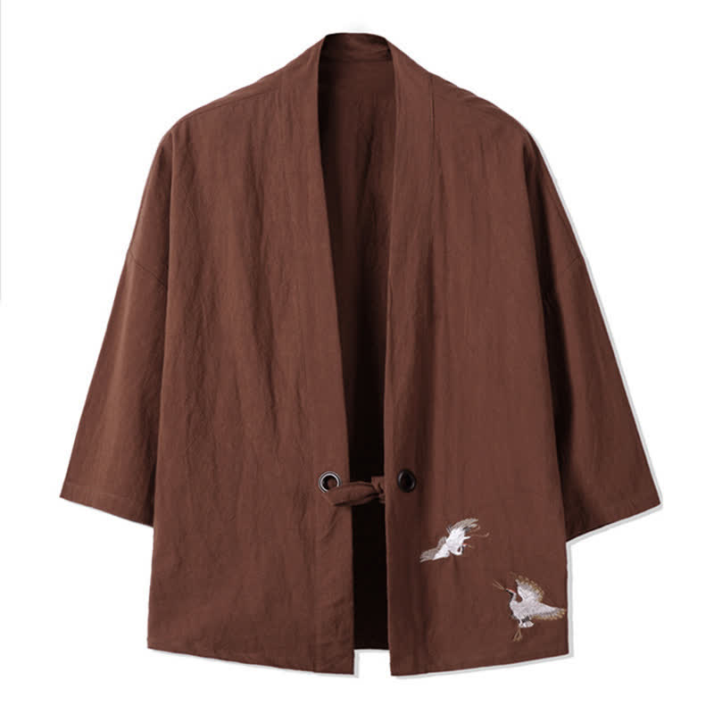 Buddha Stones Kimono de hombre de algodón y lino con bordado vintage y grullas, estilo casual de otoño. - Tierra de siena - US/UK/AU48，EU58(5XL) - image 12