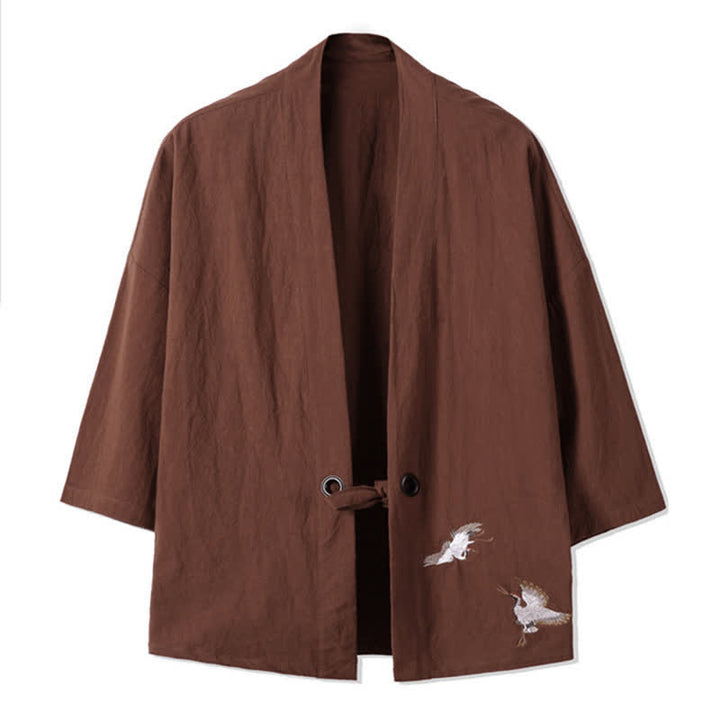 Buddha Stones Kimono de hombre de algodón y lino con bordado vintage y grullas, estilo casual de otoño. - Tierra de siena - US/UK/AU48，EU58(5XL) - image 12