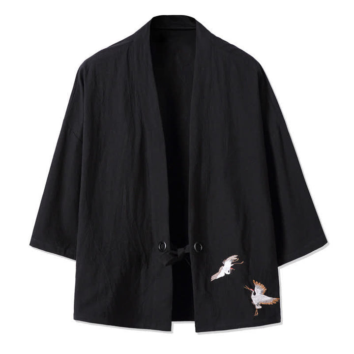 Buddha Stones Kimono de hombre de algodón y lino con bordado vintage y grullas, estilo casual de otoño. - Negro - US/UK/AU48，EU58(5XL) - image 6