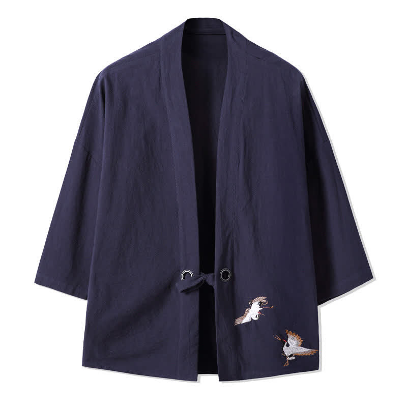 Buddha Stones Kimono de hombre de algodón y lino con bordado vintage y grullas, estilo casual de otoño. - Azul medianoche - US/UK/AU48，EU58(5XL) - image 10