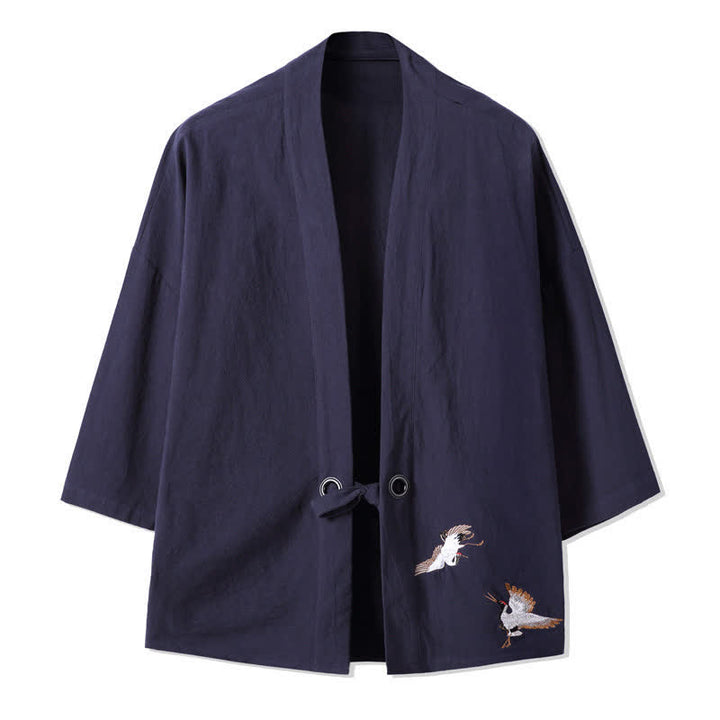 Buddha Stones Kimono de hombre de algodón y lino con bordado vintage y grullas, estilo casual de otoño. - Azul medianoche - US/UK/AU48，EU58(5XL) - image 10