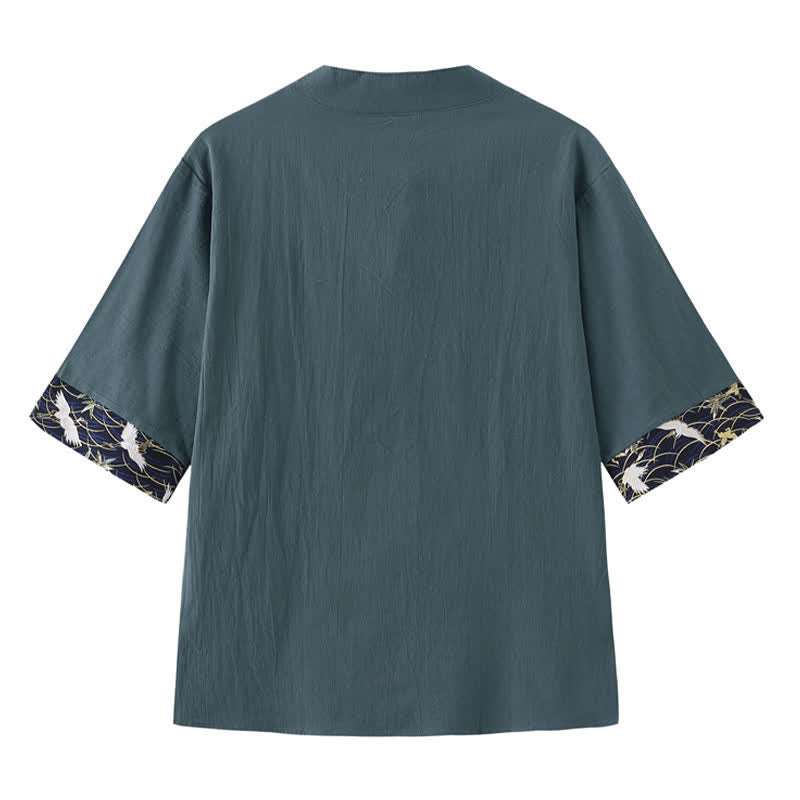 Buddha Stones Camisas de manga corta para hombre estilo Summer Tang Vintage Frog Button Crane - image 1