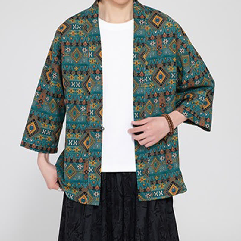 Buddha Stones Kimono de hombre estilo bohemio casual con bolsillos de parche y estampado geométrico, ideal para primavera y verano. - image 1