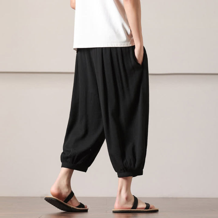 Buddha Stones Pantalones capri lisos informales de verano con cordón ajustable para hombre, estilo harem, con bolsillo. - image 29