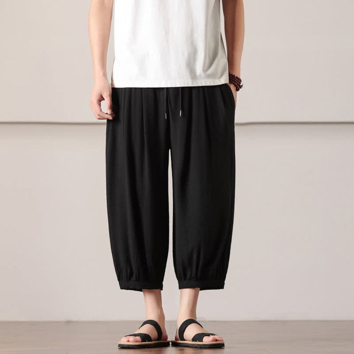 Buddha Stones Pantalones capri lisos informales de verano con cordón ajustable para hombre, estilo harem, con bolsillo. - Negro - US/UK/AU46, EU56 (5XL) - image 19