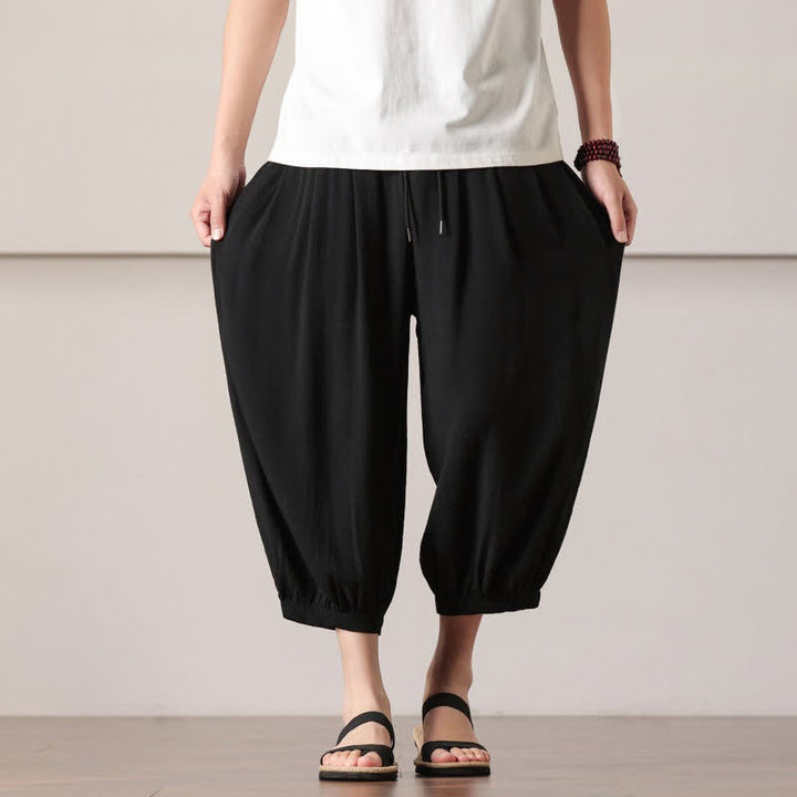 Buddha Stones Pantalones capri lisos informales de verano con cordón ajustable para hombre, estilo harem, con bolsillo. - image 23