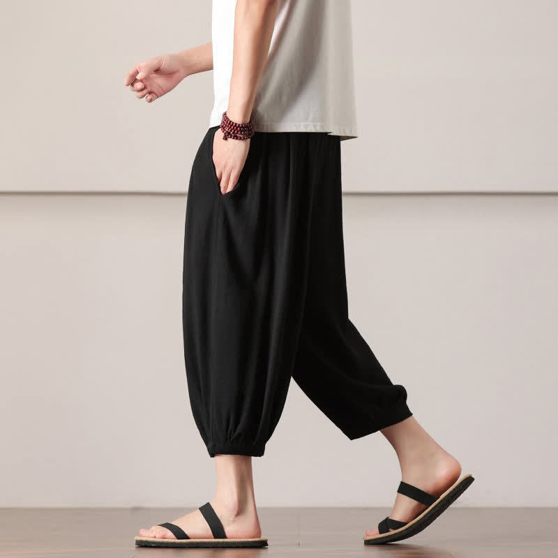 Buddha Stones Pantalones capri lisos informales de verano con cordón ajustable para hombre, estilo harem, con bolsillo. - image 26