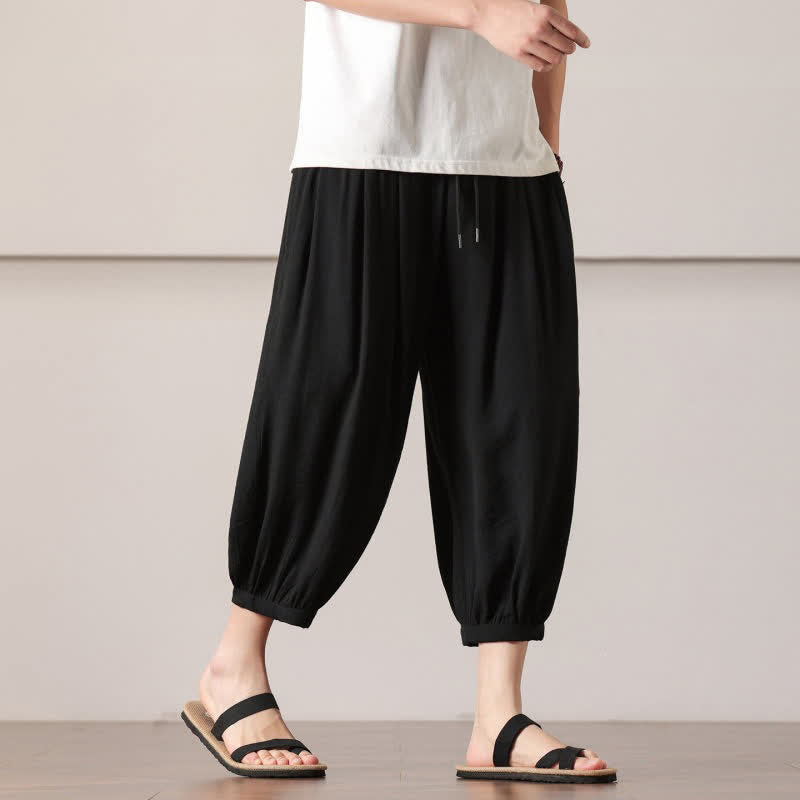 Buddha Stones Pantalones capri lisos informales de verano con cordón ajustable para hombre, estilo harem, con bolsillo. - image 25
