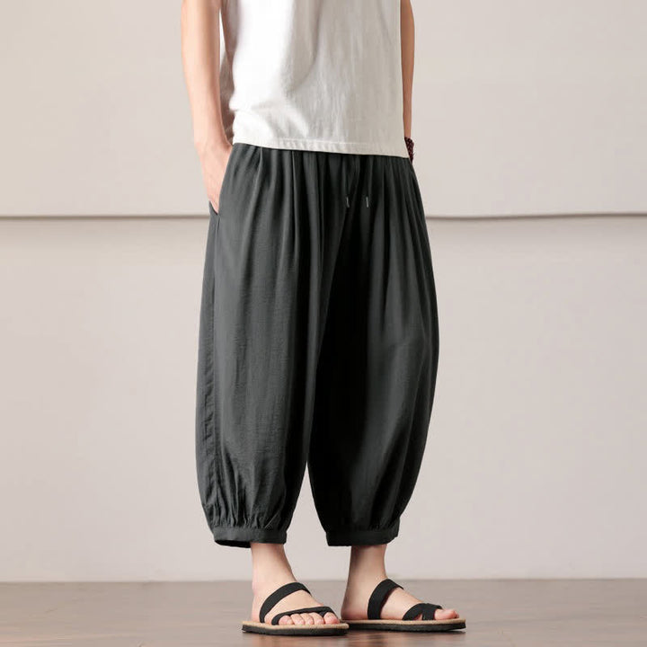 Buddha Stones Pantalones capri lisos informales de verano con cordón ajustable para hombre, estilo harem, con bolsillo. - image 3