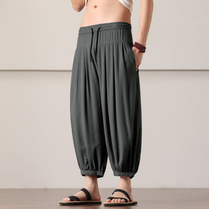 Buddha Stones Pantalones capri lisos informales de verano con cordón ajustable para hombre, estilo harem, con bolsillo. - image 2
