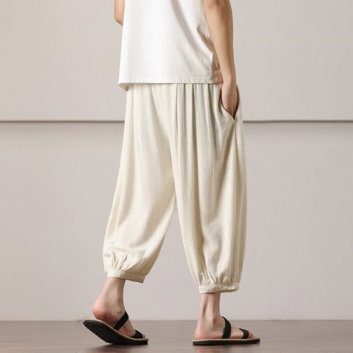 Buddha Stones Pantalones capri lisos informales de verano con cordón ajustable para hombre, estilo harem, con bolsillo. - image 18