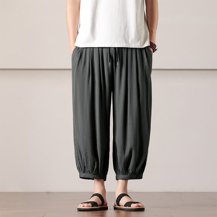 Buddha Stones Pantalones capri lisos informales de verano con cordón ajustable para hombre, estilo harem, con bolsillo. - Gris oscuro - US/UK/AU46, EU56 (5XL) - image 0
