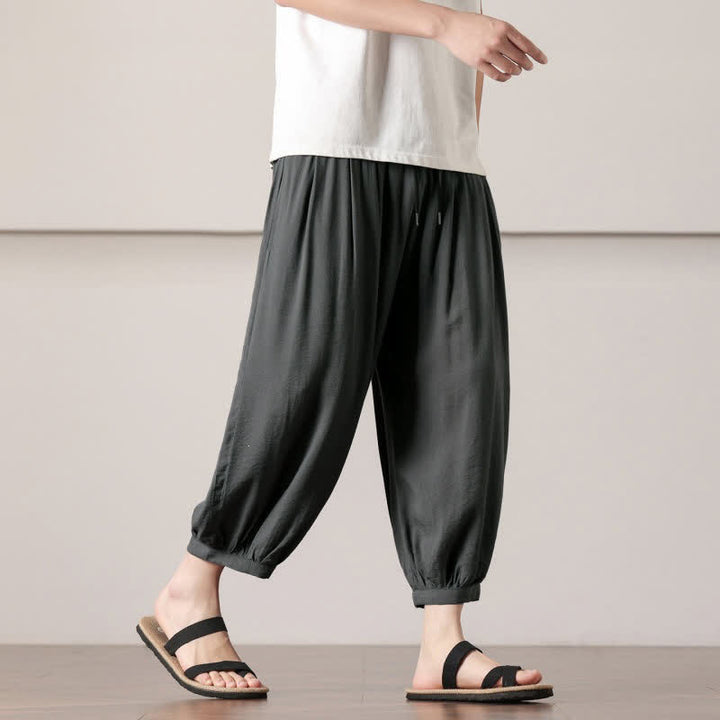 Buddha Stones Pantalones capri lisos informales de verano con cordón ajustable para hombre, estilo harem, con bolsillo. - image 4