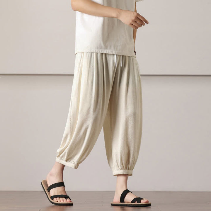 Buddha Stones Pantalones capri lisos informales de verano con cordón ajustable para hombre, estilo harem, con bolsillo. - image 13