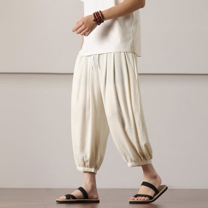 Buddha Stones Pantalones capri lisos informales de verano con cordón ajustable para hombre, estilo harem, con bolsillo. - image 14