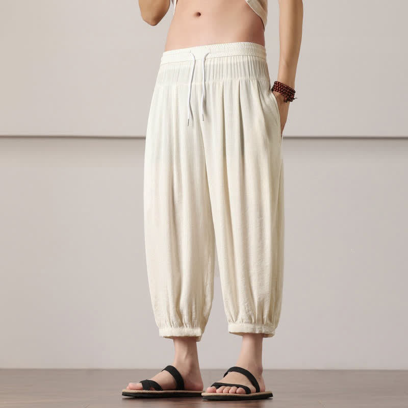 Buddha Stones Pantalones capri lisos informales de verano con cordón ajustable para hombre, estilo harem, con bolsillo. - image 9