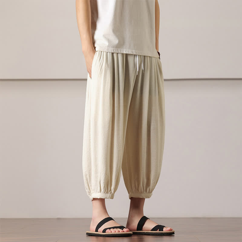 Buddha Stones Pantalones capri lisos informales de verano con cordón ajustable para hombre, estilo harem, con bolsillo. - image 16