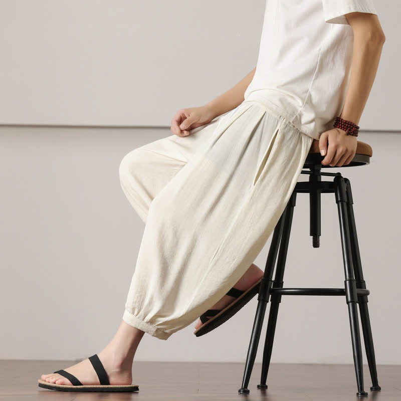 Buddha Stones Pantalones capri lisos informales de verano con cordón ajustable para hombre, estilo harem, con bolsillo. - image 17