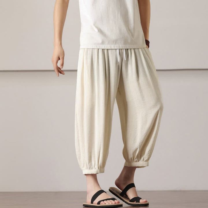 Buddha Stones Pantalones capri lisos informales de verano con cordón ajustable para hombre, estilo harem, con bolsillo. - image 12
